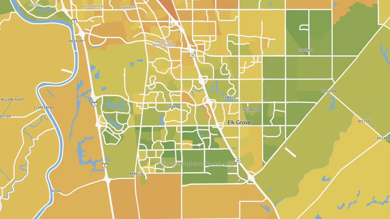 Map of the best neighborhoods in the Elk Grove area, with better matches in green and worse matches in red