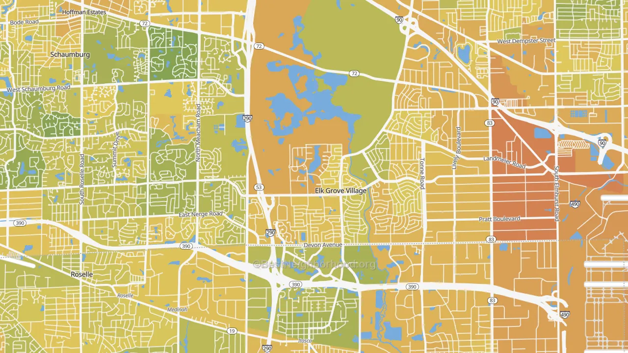 Map of the best neighborhoods in the Elk Grove Village area, with better matches in green and worse matches in red