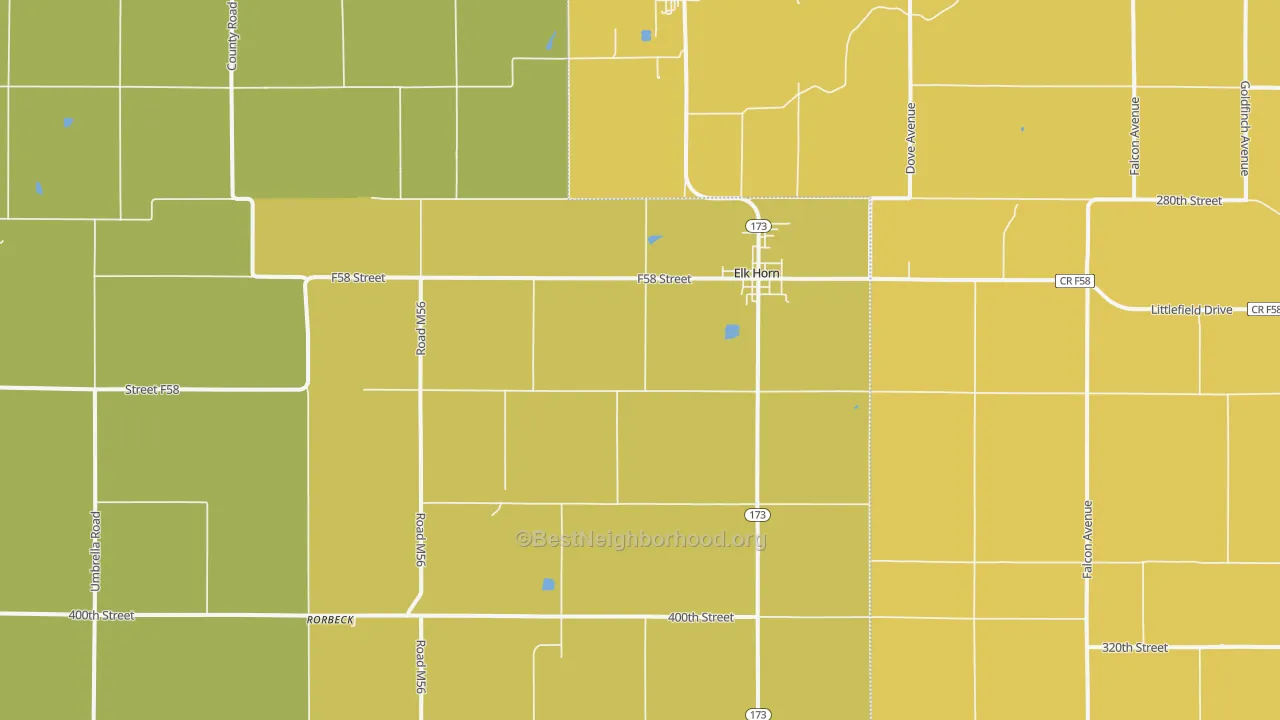 Map of the best neighborhoods in the Elk Horn area, with better matches in green and worse matches in red
