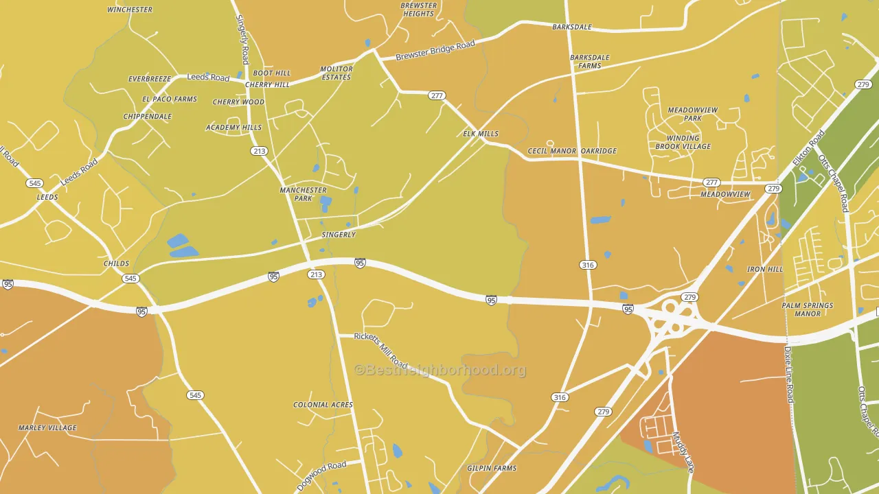 Map of the best neighborhoods in the Elk Mills area, with better matches in green and worse matches in red