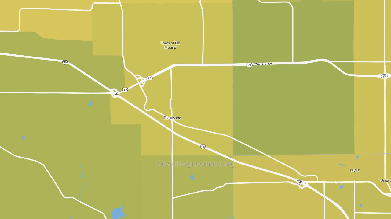 Map of the best neighborhoods in the Elk Mound area, with better matches in green and worse matches in red