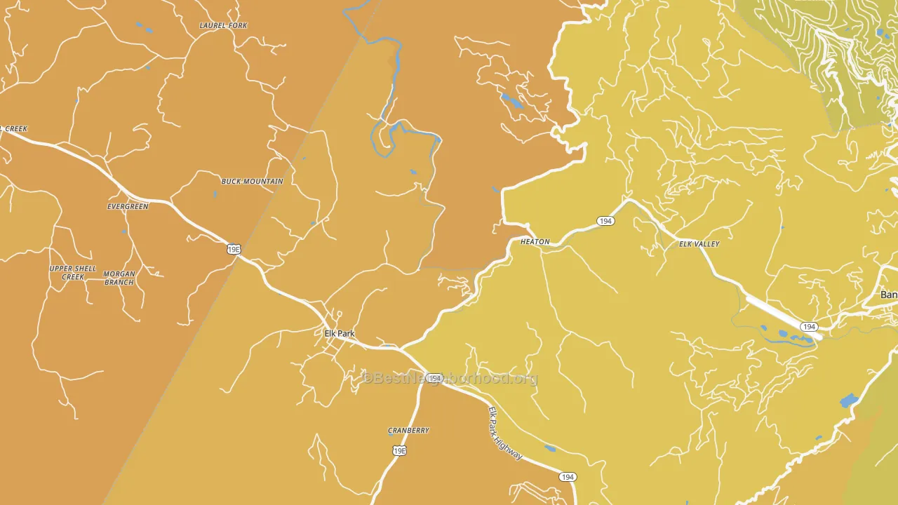 Map of the best neighborhoods in the Elk Park area, with better matches in green and worse matches in red