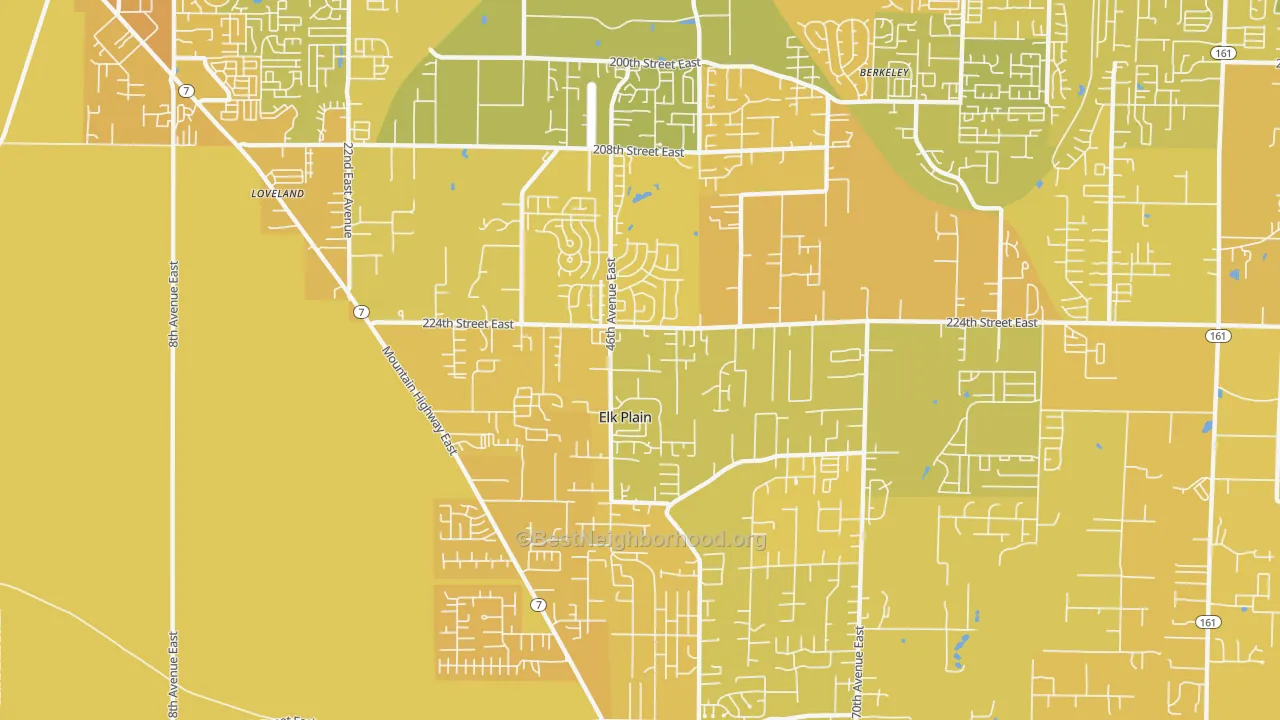 Map of the best neighborhoods in the Elk Plain, Spanaway area, with better matches in green and worse matches in red