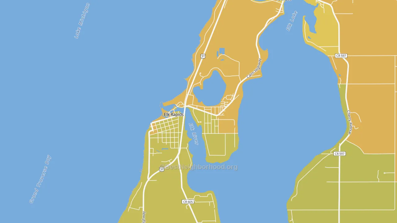 Map of the best neighborhoods in the Elk Rapids area, with better matches in green and worse matches in red
