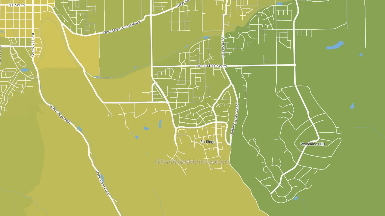 Map of the best neighborhoods in the Elk Ridge area, with better matches in green and worse matches in red