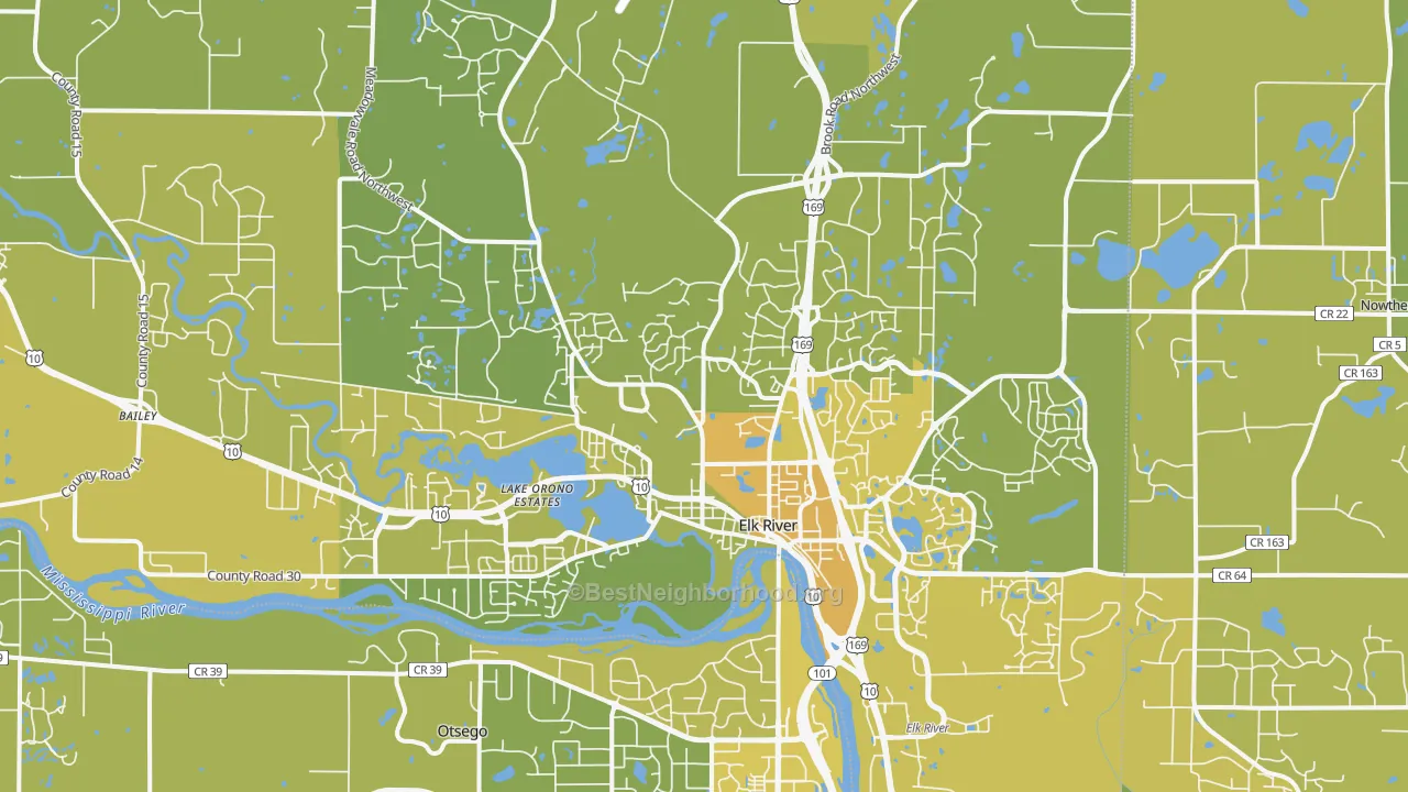 Map of the best neighborhoods in the Elk River area, with better matches in green and worse matches in red