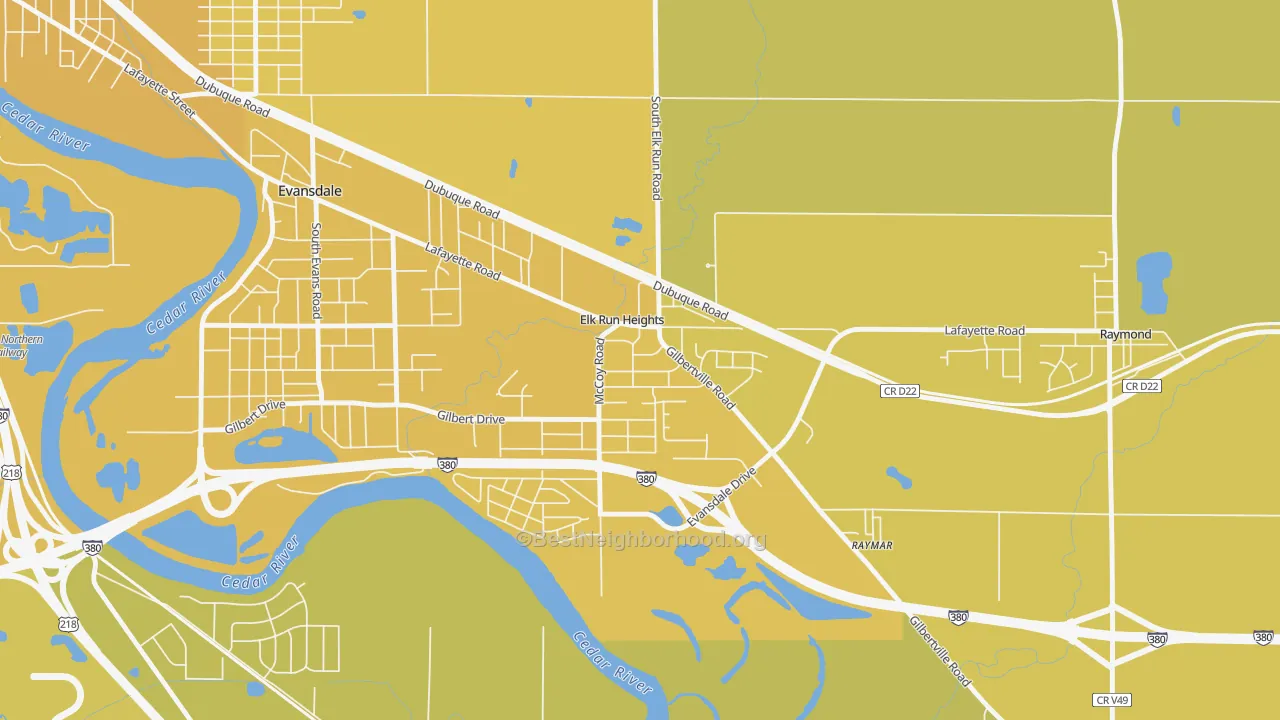 Map of the best neighborhoods in the Elk Run Heights area, with better matches in green and worse matches in red