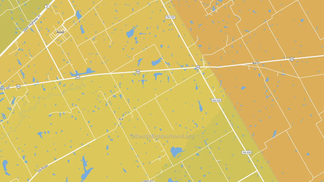 Map of the best neighborhoods in the Elk area, with better matches in green and worse matches in red