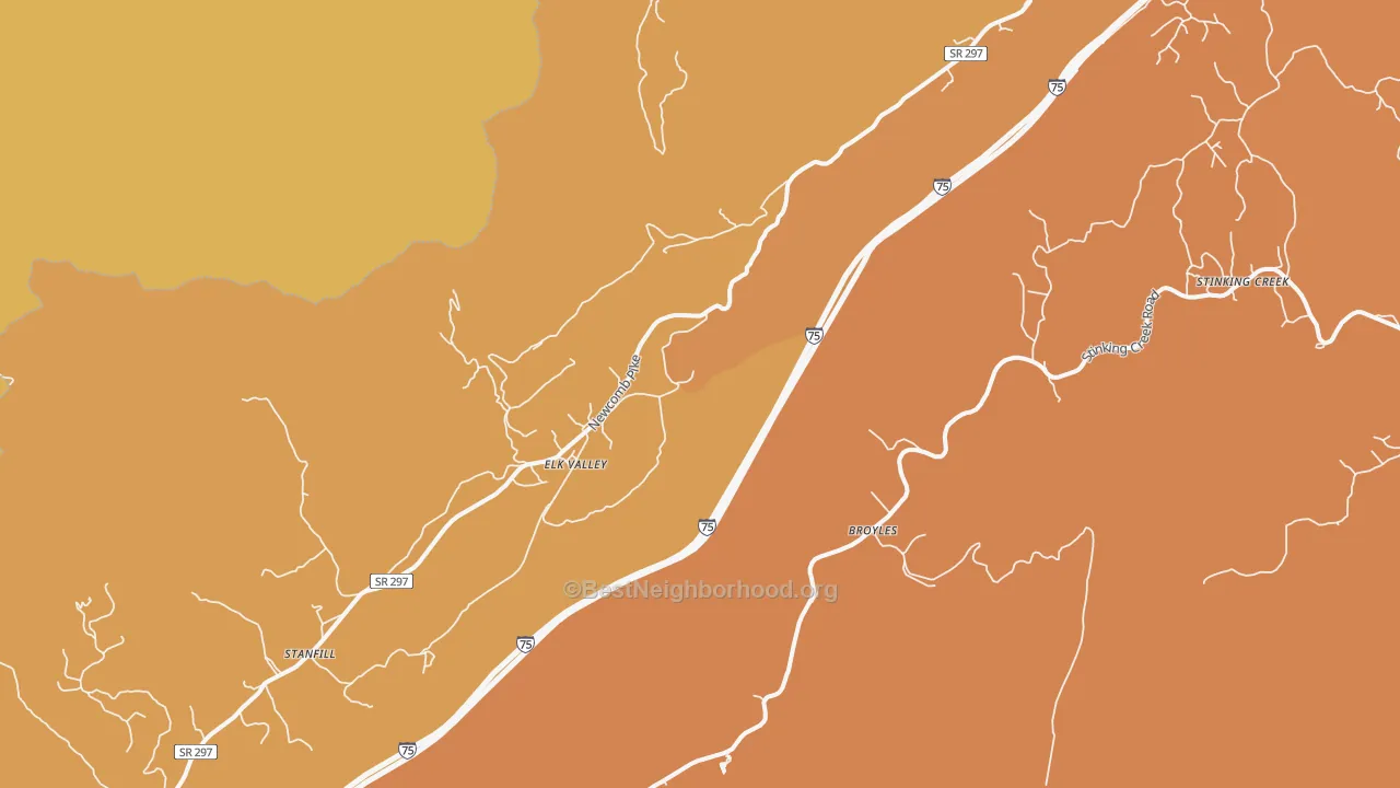 Map of the best neighborhoods in the Elk Valley area, with better matches in green and worse matches in red