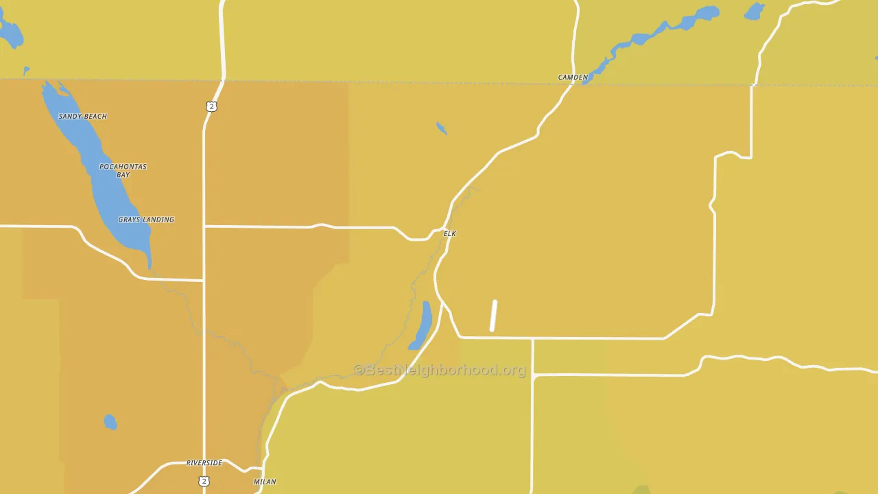 Map of the best neighborhoods in the Elk area, with better matches in green and worse matches in red