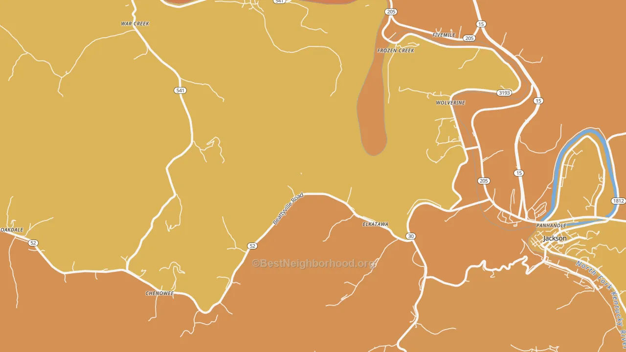 Map of the best neighborhoods in the Elkatawa area, with better matches in green and worse matches in red