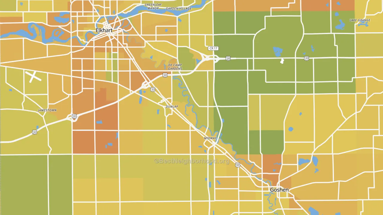 Map of the best neighborhoods in the Elkhart County area, with better matches in green and worse matches in red