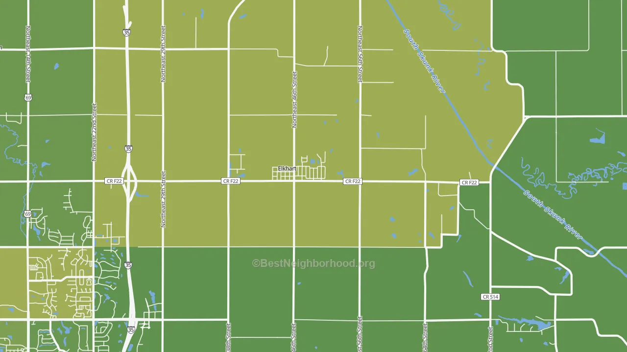 Map of the best neighborhoods in the Elkhart area, with better matches in green and worse matches in red