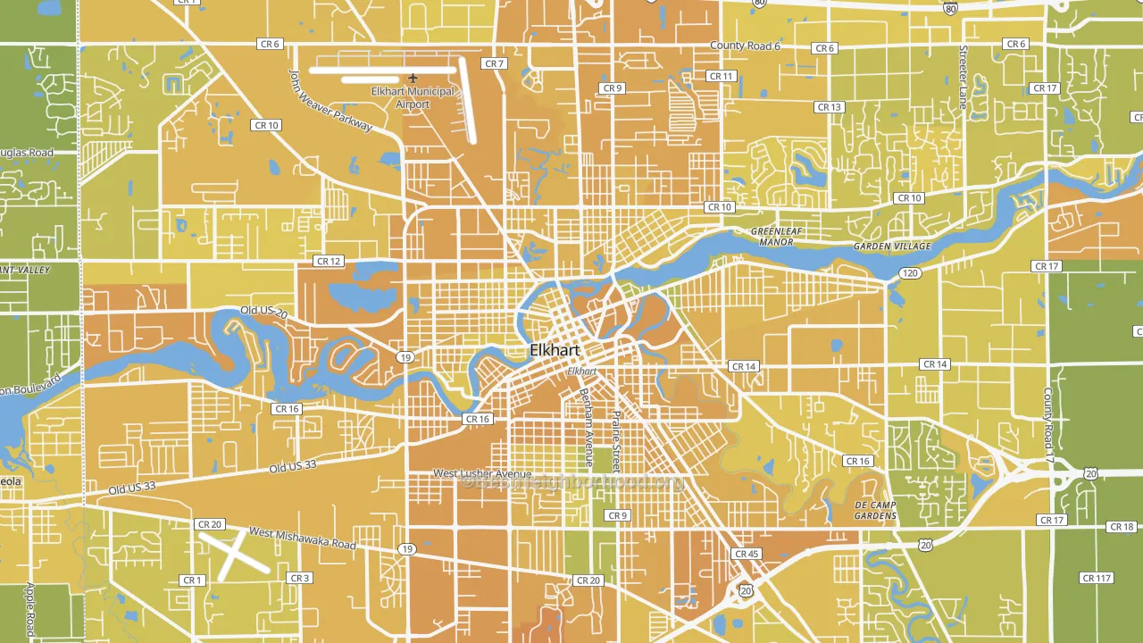 Map of the best neighborhoods in the Elkhart Metro area, with better matches in green and worse matches in red