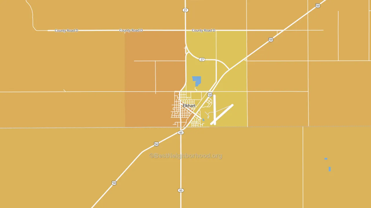 Map of the best neighborhoods in the Elkhart area, with better matches in green and worse matches in red
