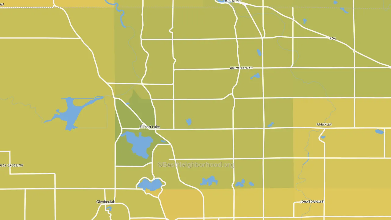 Map of the best neighborhoods in the Elkhart Lake area, with better matches in green and worse matches in red