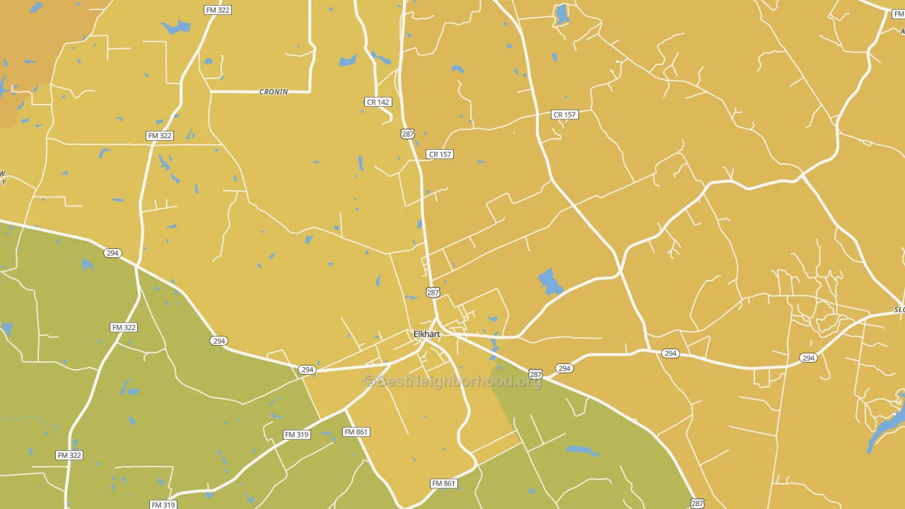 Map of the best neighborhoods in the Elkhart area, with better matches in green and worse matches in red