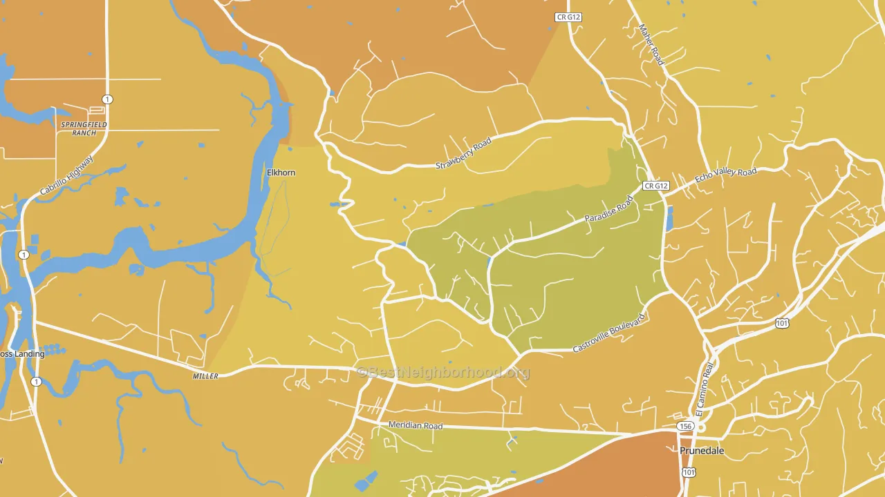 Map of the best neighborhoods in the Elkhorn area, with better matches in green and worse matches in red