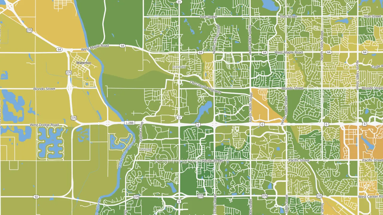 Map of the best neighborhoods in the Elkhorn area, with better matches in green and worse matches in red