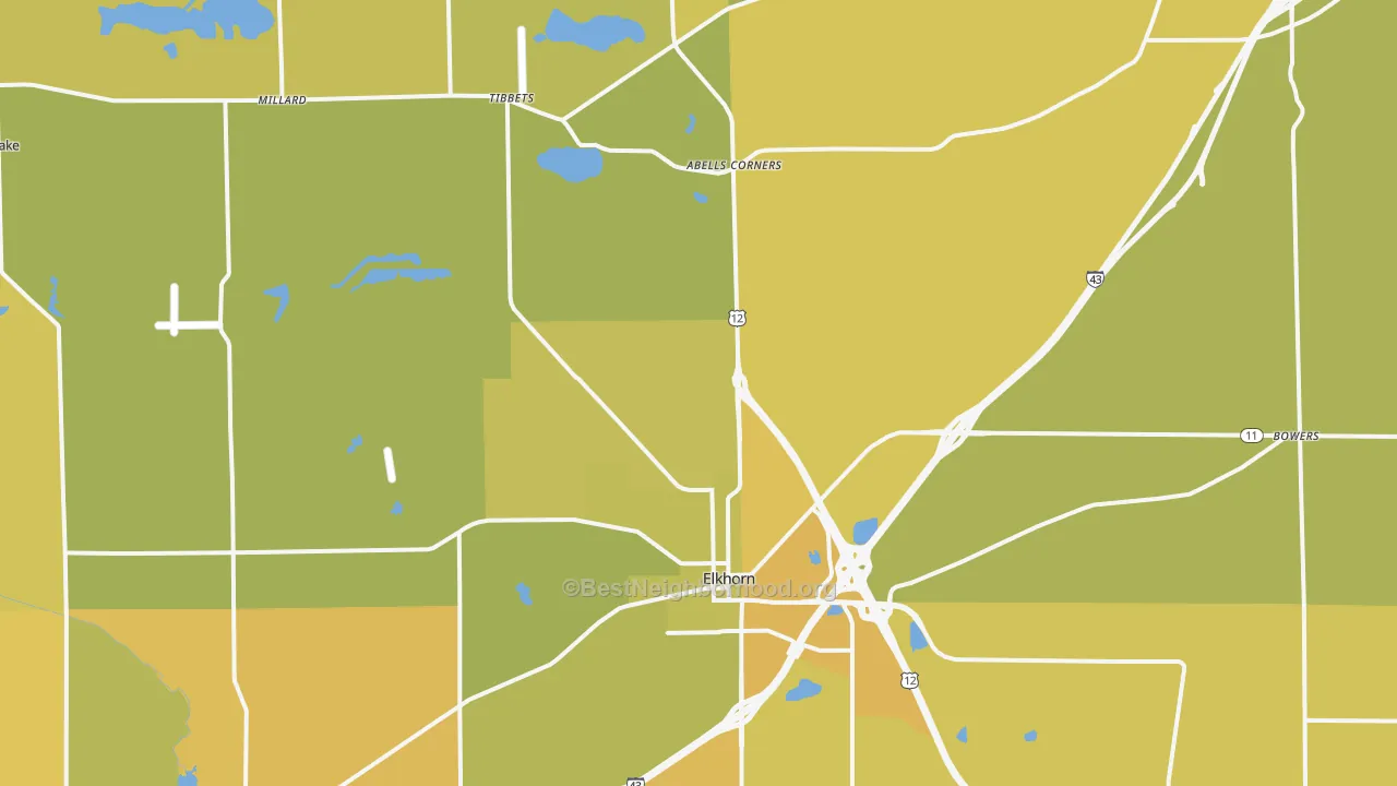 Map of the best neighborhoods in the Elkhorn area, with better matches in green and worse matches in red