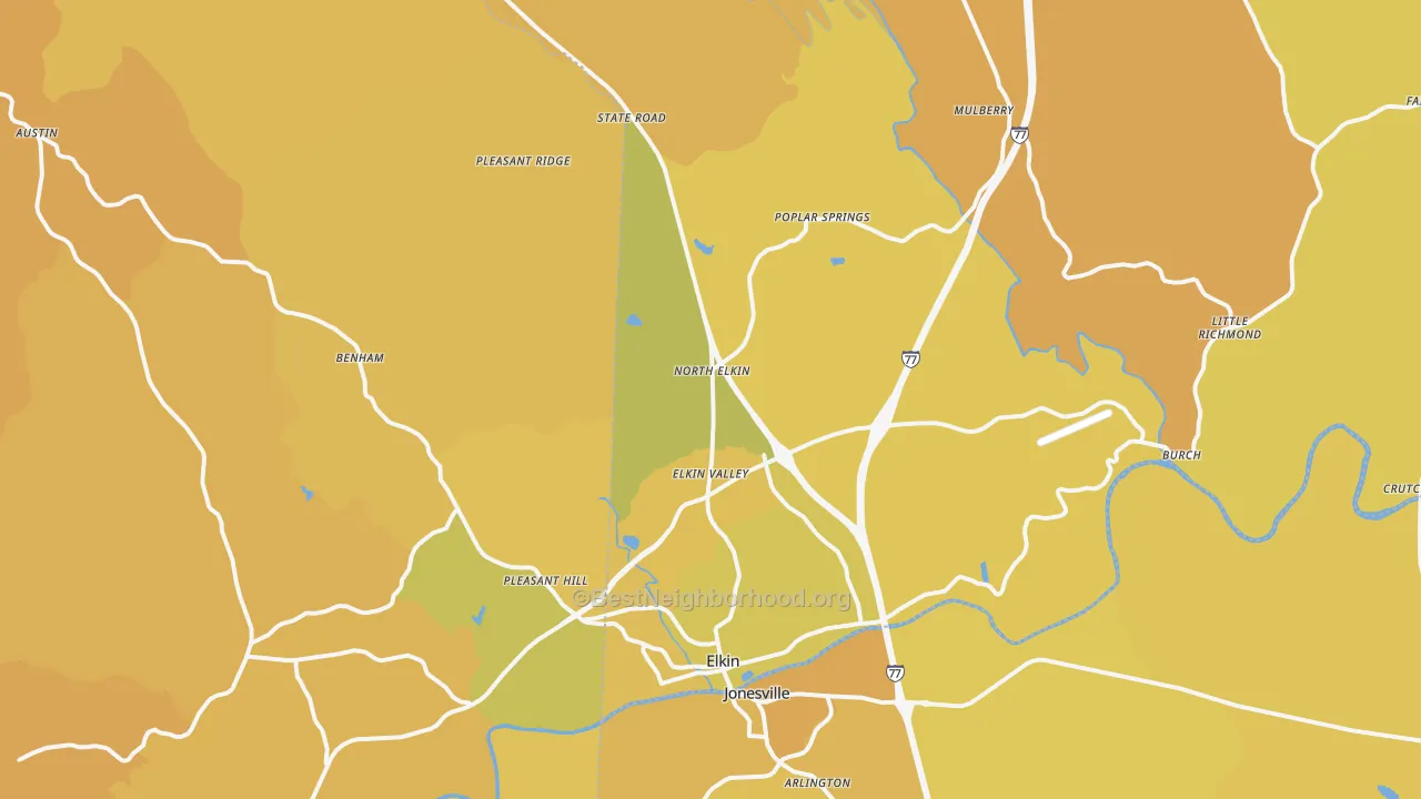 Map of the best neighborhoods in the Elkin area, with better matches in green and worse matches in red