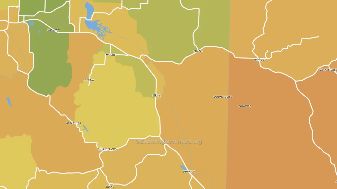 Map of the best neighborhoods in the Elkins area, with better matches in green and worse matches in red