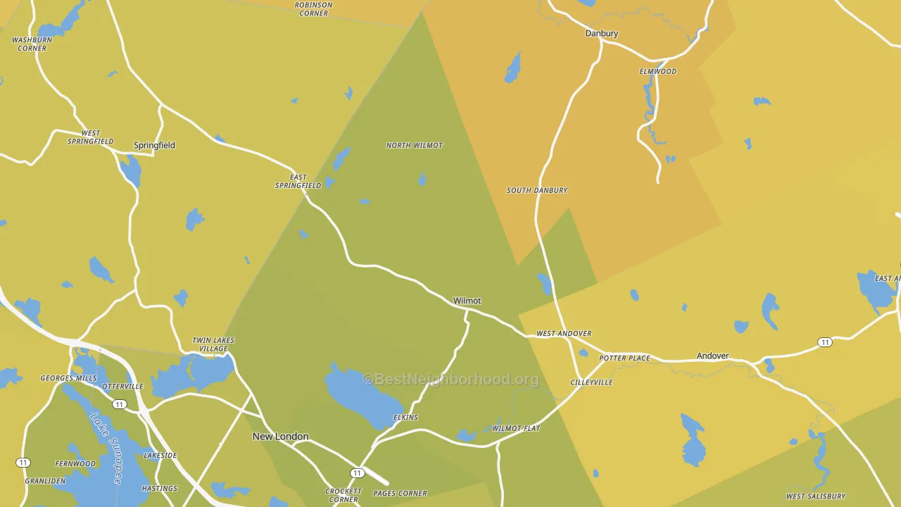 Map of the best neighborhoods in the Elkins area, with better matches in green and worse matches in red