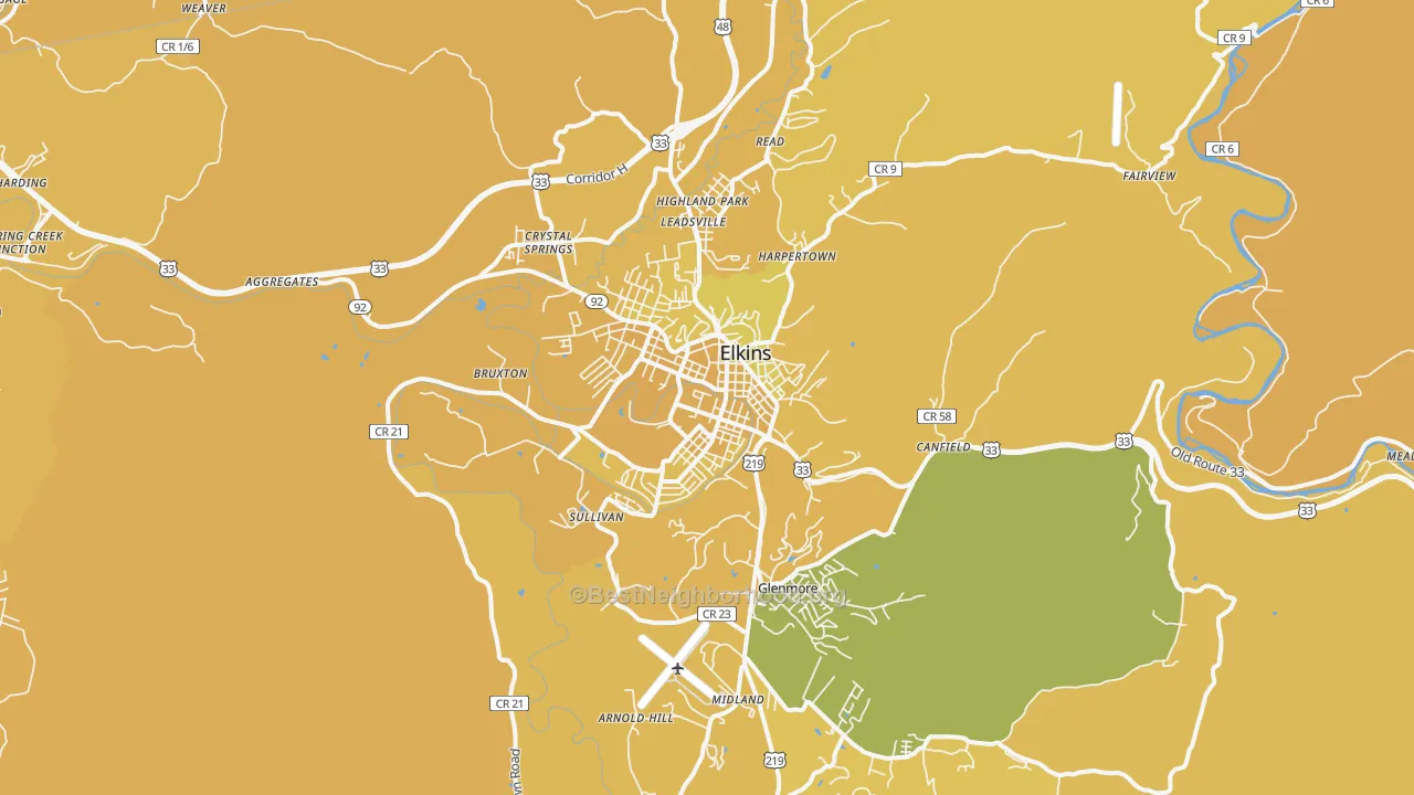 Map of the best neighborhoods in the Elkins area, with better matches in green and worse matches in red