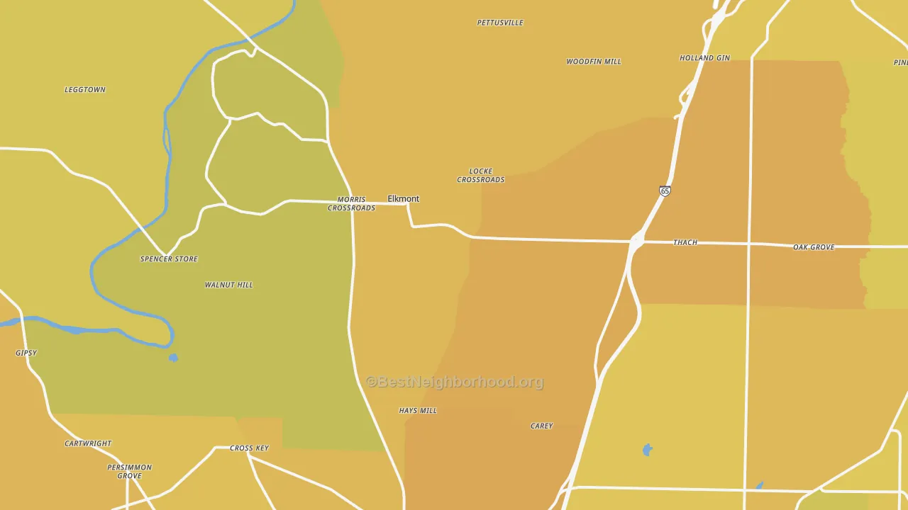 Map of the best neighborhoods in the Elkmont area, with better matches in green and worse matches in red