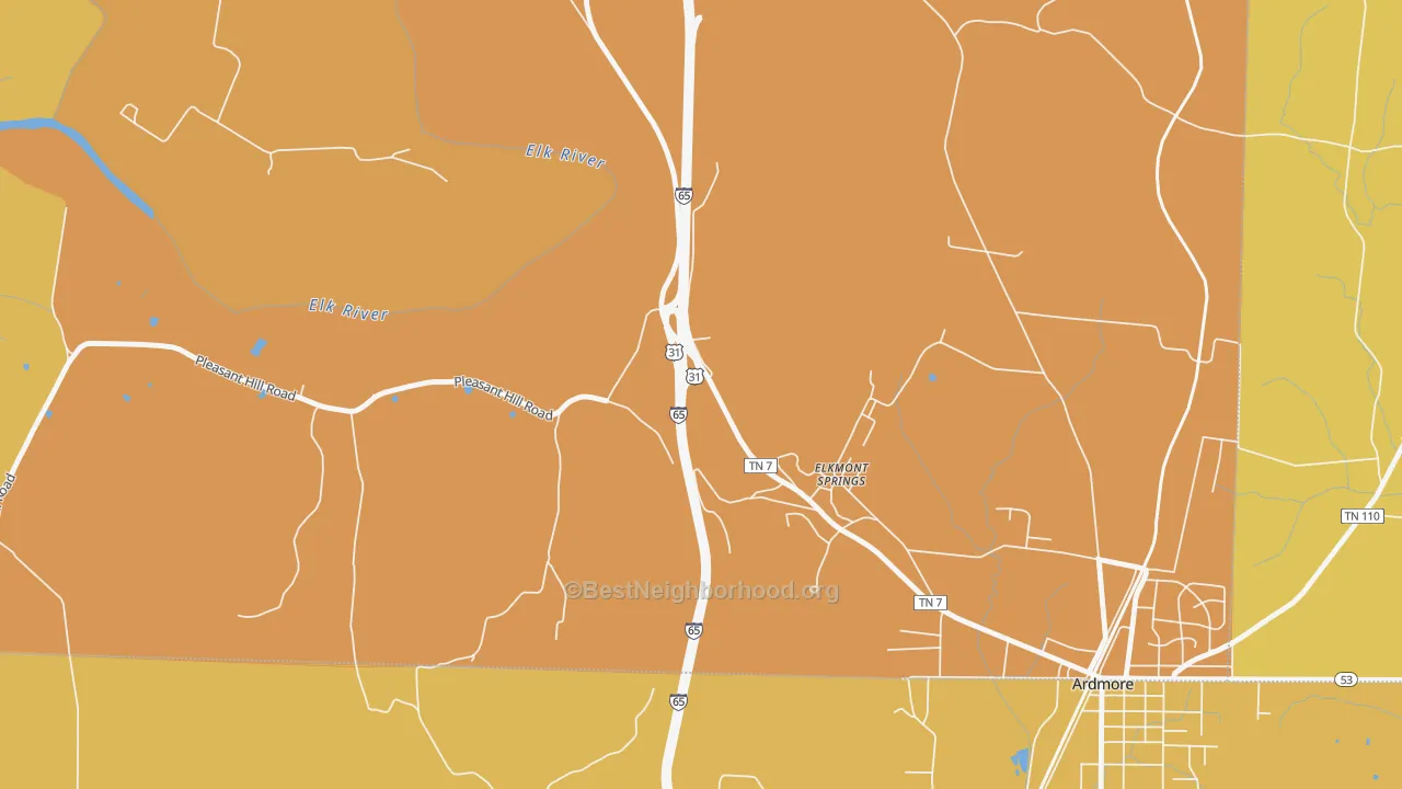 Map of the best neighborhoods in the Elkmont Springs area, with better matches in green and worse matches in red