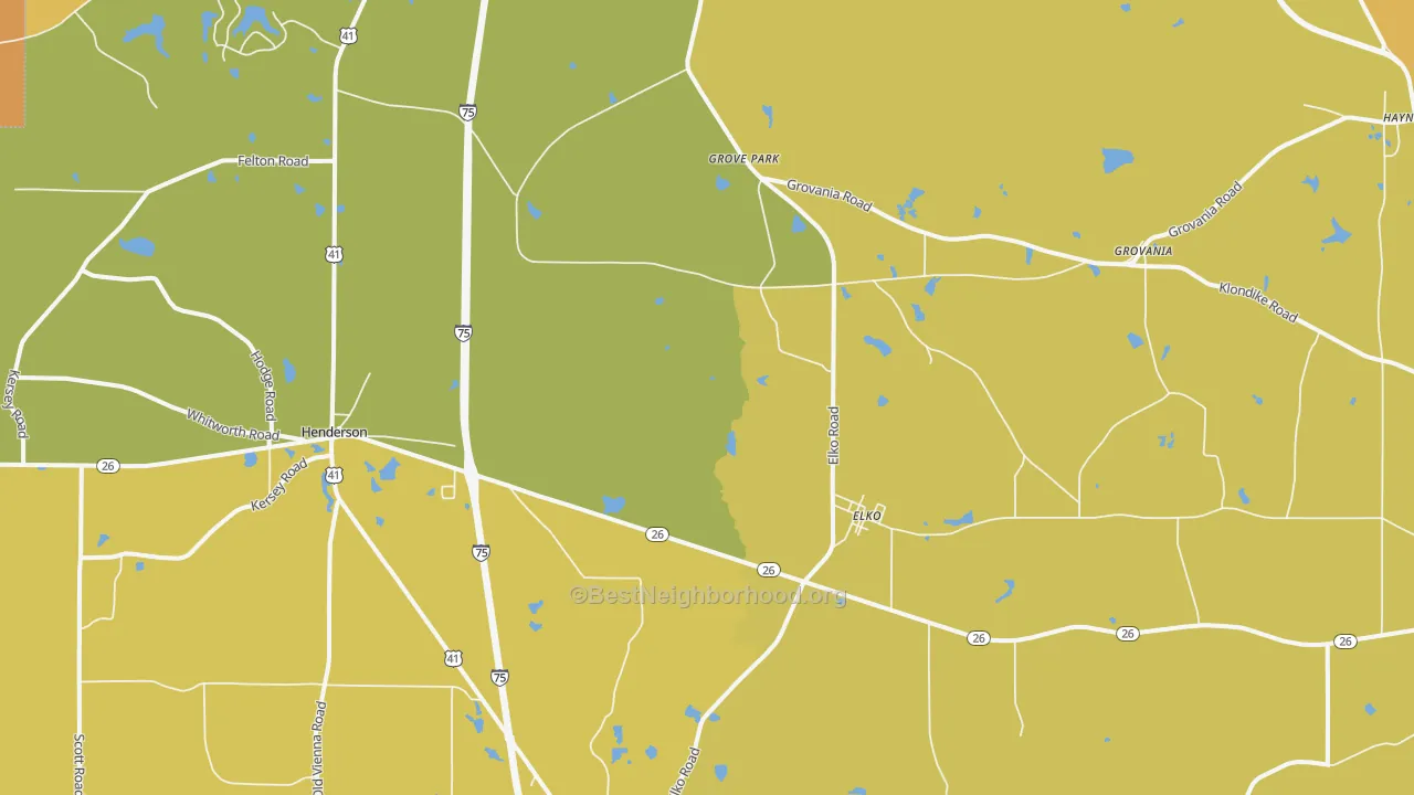 Map of the best neighborhoods in the Elko area, with better matches in green and worse matches in red