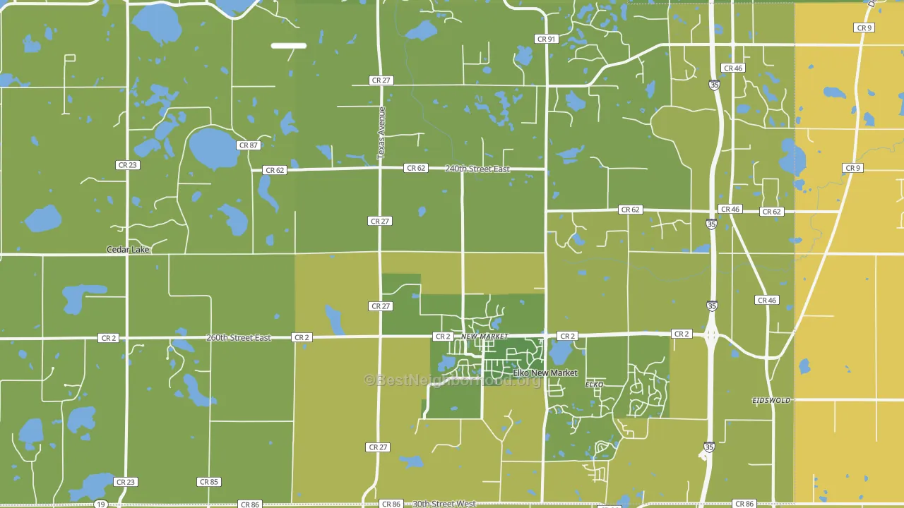 Map of the best neighborhoods in the Elko area, with better matches in green and worse matches in red
