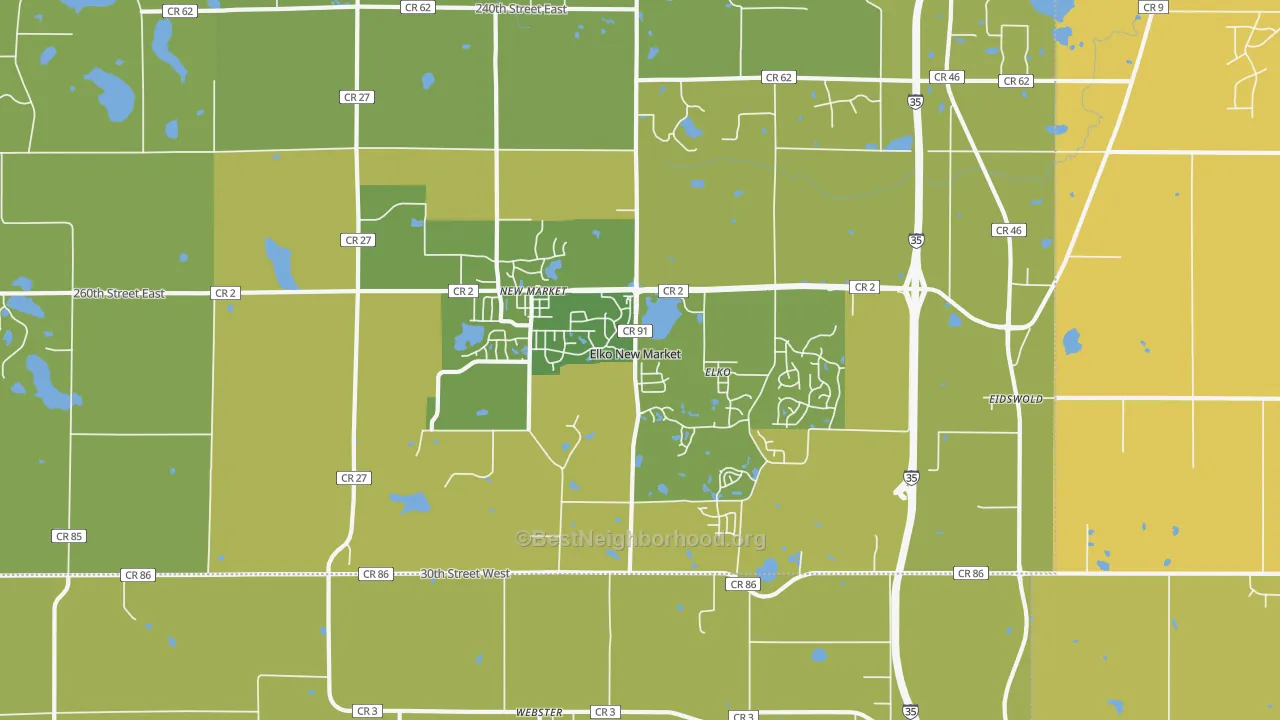 Map of the best neighborhoods in the Elko New Market area, with better matches in green and worse matches in red
