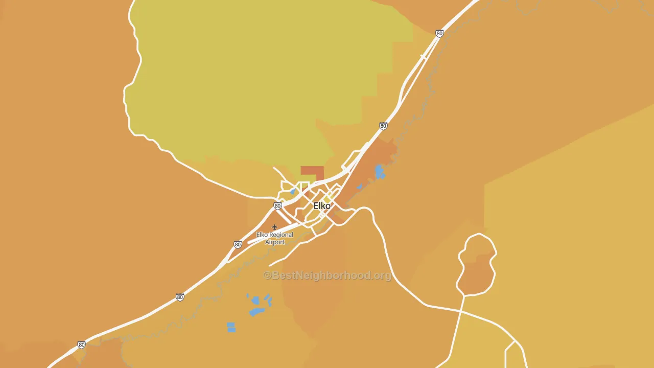 Map of the best neighborhoods in the Elko area, with better matches in green and worse matches in red
