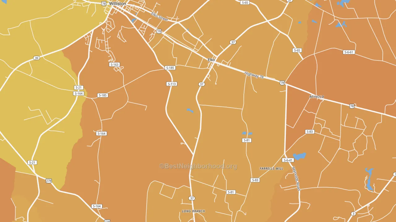Map of the best neighborhoods in the Elko area, with better matches in green and worse matches in red