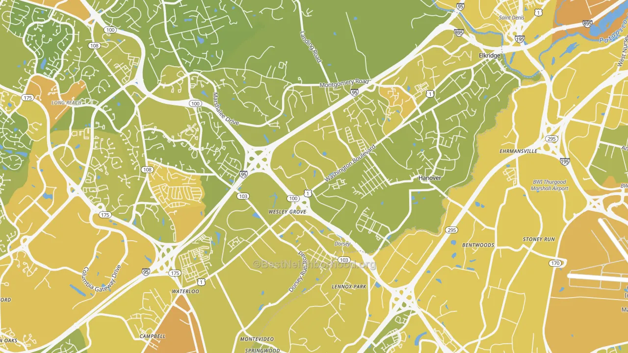 Map of the best neighborhoods in the Elkridge area, with better matches in green and worse matches in red