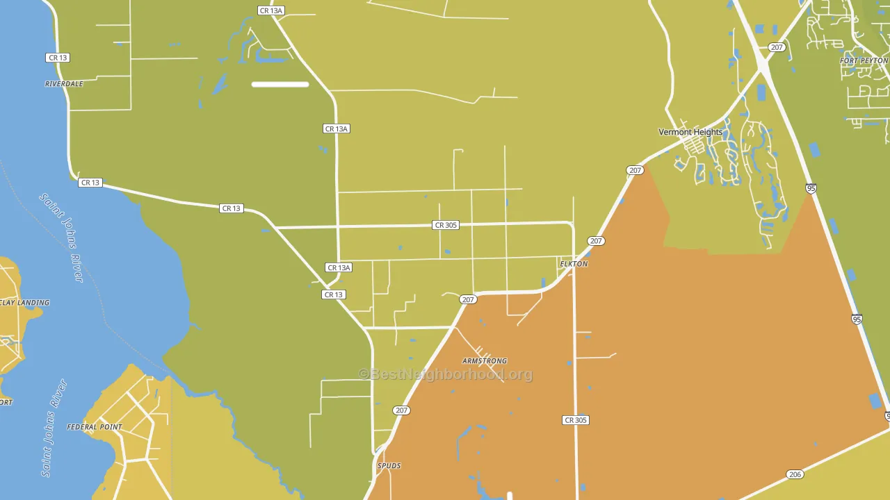 Map of the best neighborhoods in the Elkton area, with better matches in green and worse matches in red