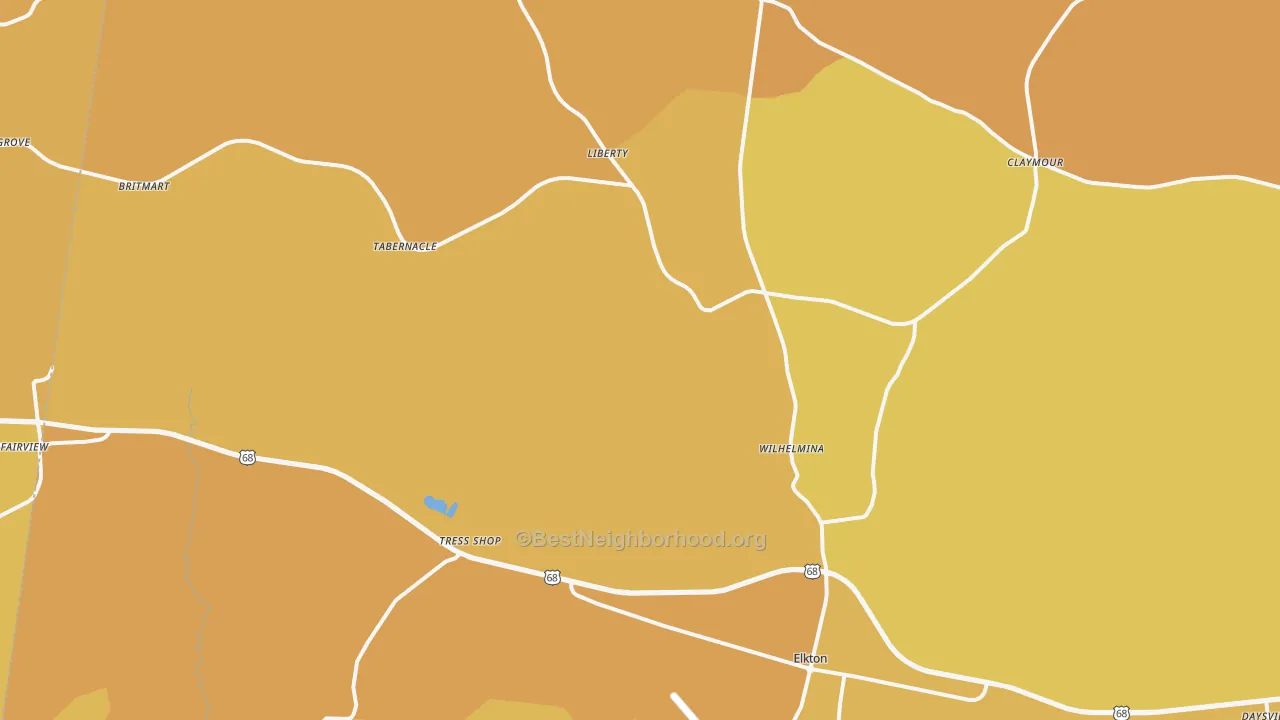 Map of the best neighborhoods in the Elkton area, with better matches in green and worse matches in red