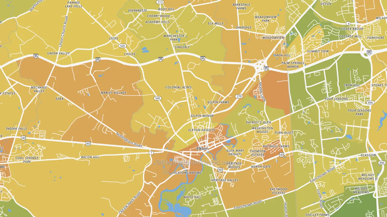 Map of the best neighborhoods in the Elkton area, with better matches in green and worse matches in red