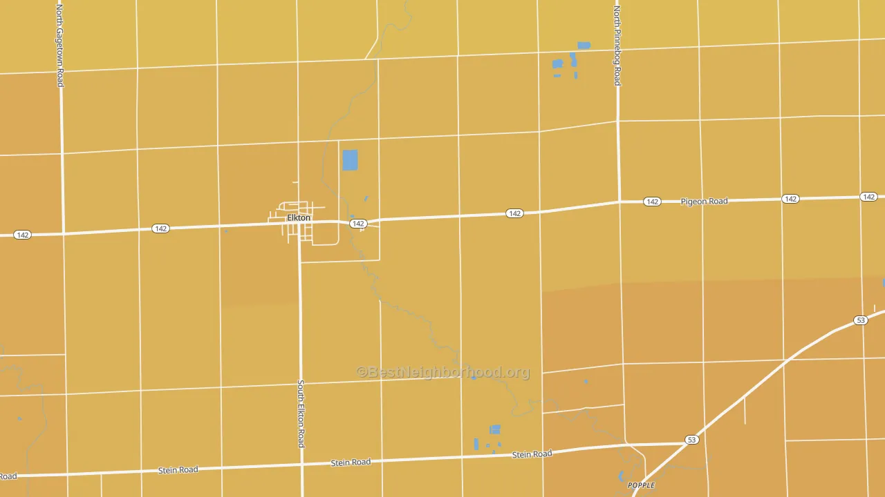 Map of the best neighborhoods in the Elkton area, with better matches in green and worse matches in red