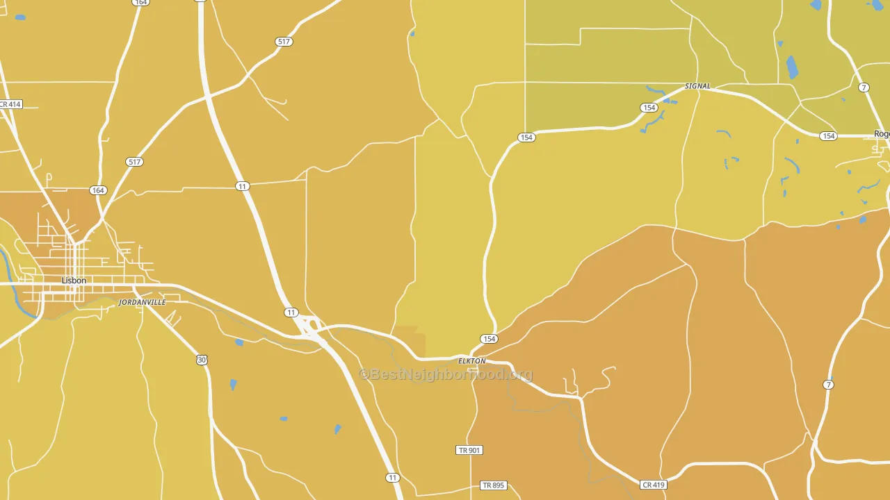 Map of the best neighborhoods in the Elkton area, with better matches in green and worse matches in red