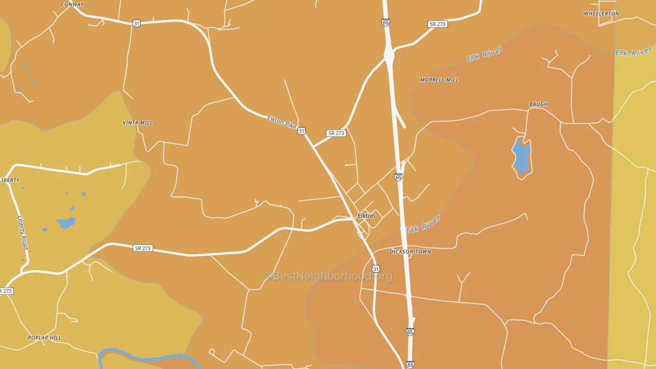 Map of the best neighborhoods in the Elkton area, with better matches in green and worse matches in red