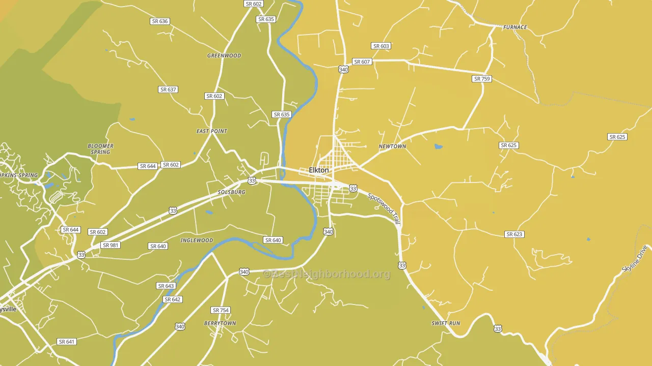 Map of the best neighborhoods in the Elkton area, with better matches in green and worse matches in red