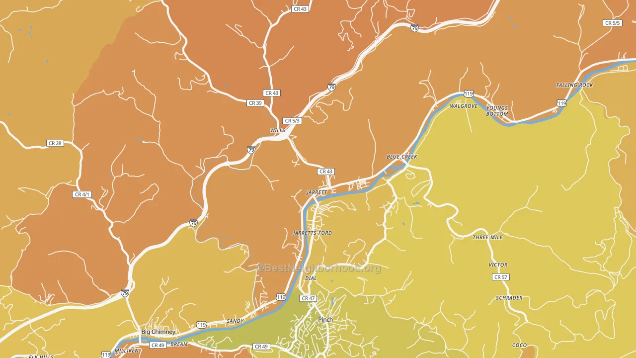 Map of the best neighborhoods in the Elkview area, with better matches in green and worse matches in red