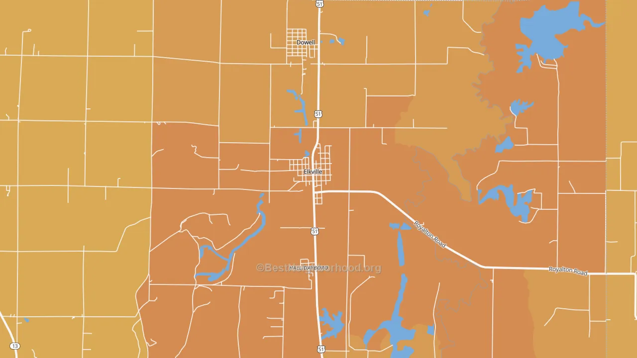 Map of the best neighborhoods in the Elkville area, with better matches in green and worse matches in red