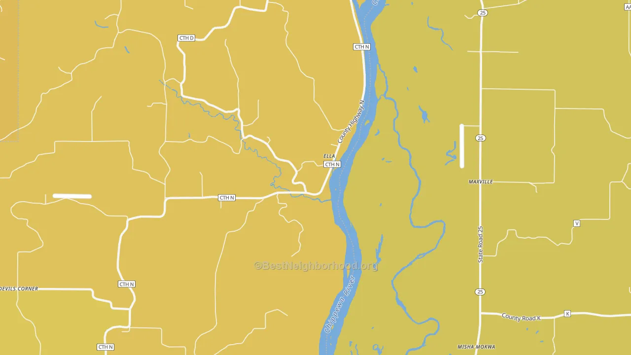 Map of the best neighborhoods in the Ella area, with better matches in green and worse matches in red