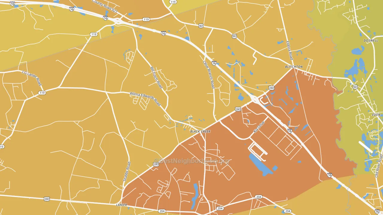 Map of the best neighborhoods in the Ellabell area, with better matches in green and worse matches in red