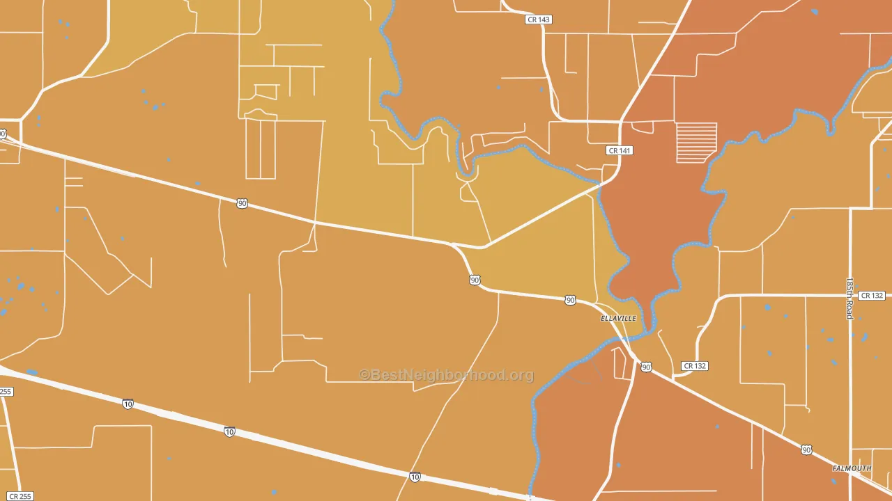 Map of the best neighborhoods in the Ellaville area, with better matches in green and worse matches in red