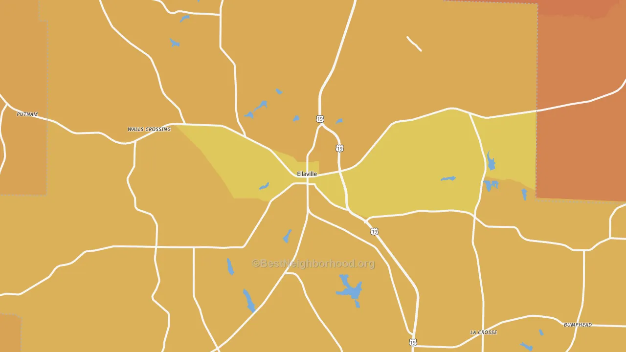 Map of the best neighborhoods in the Ellaville area, with better matches in green and worse matches in red