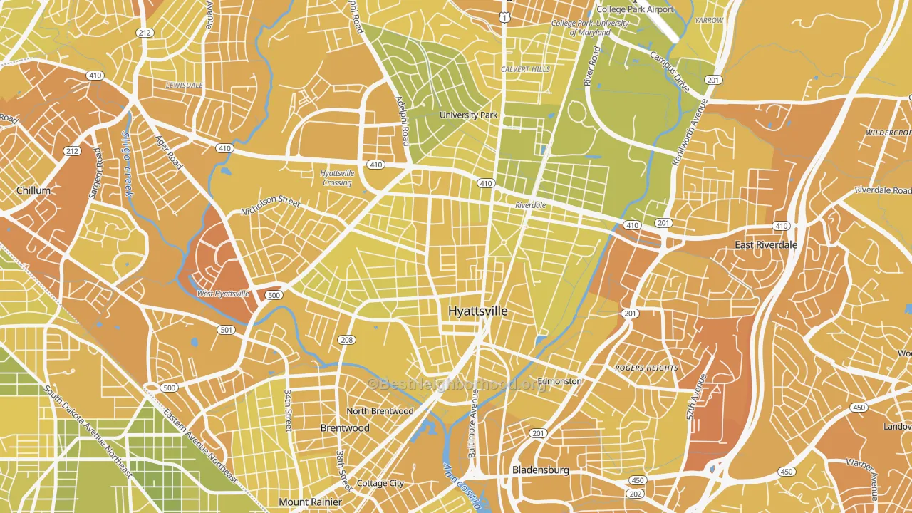 Map of the best neighborhoods in the Ellaville, Hyattsville area, with better matches in green and worse matches in red